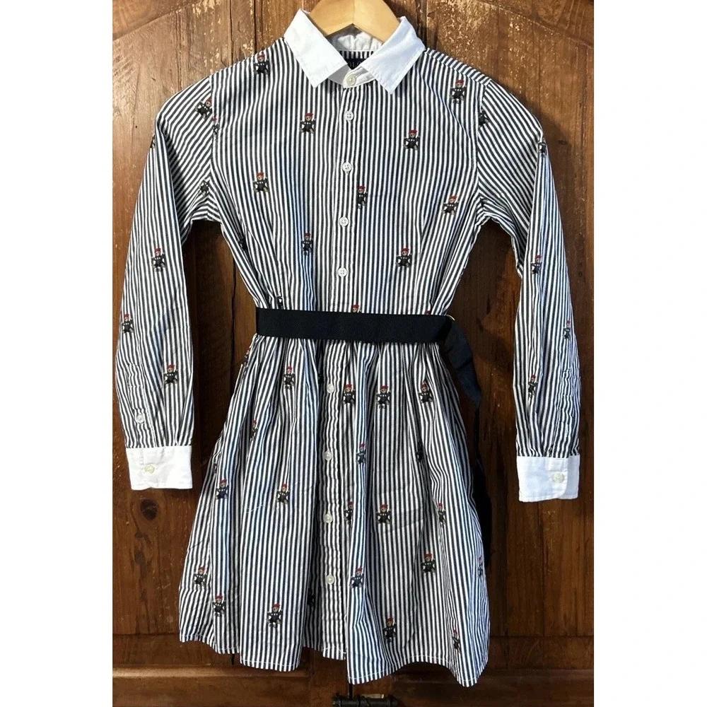 Girls Polo Ralph Lauren AOP Bear Print Belted Shirt Dress Sz 10 Gorgeous